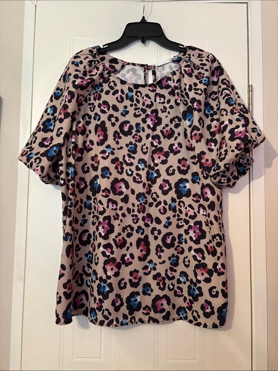 First Love Tops - First Love Beige Leopard Print Puff Sleeve Blouse with Pink & Blue Accents